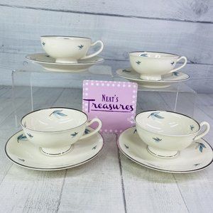 MCM Syracuse China CELESTE Blue Leaves White Platinum Trim Cups Saucers Set of 4